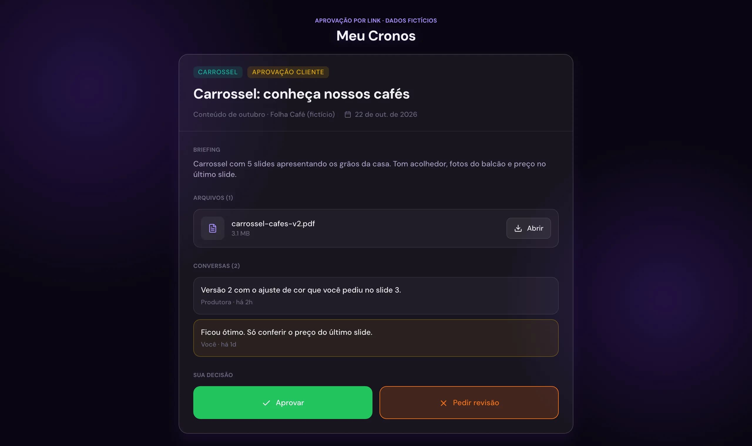 Página de aprovação por link do Meu Cronos, com arquivo, conversa e botões de aprovar ou pedir revisão. Dados fictícios.