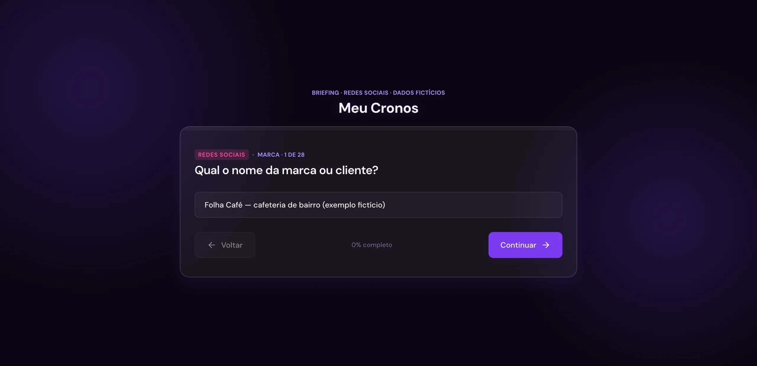 Questionário de briefing do Meu Cronos aberto pelo cliente no navegador, com dados fictícios.