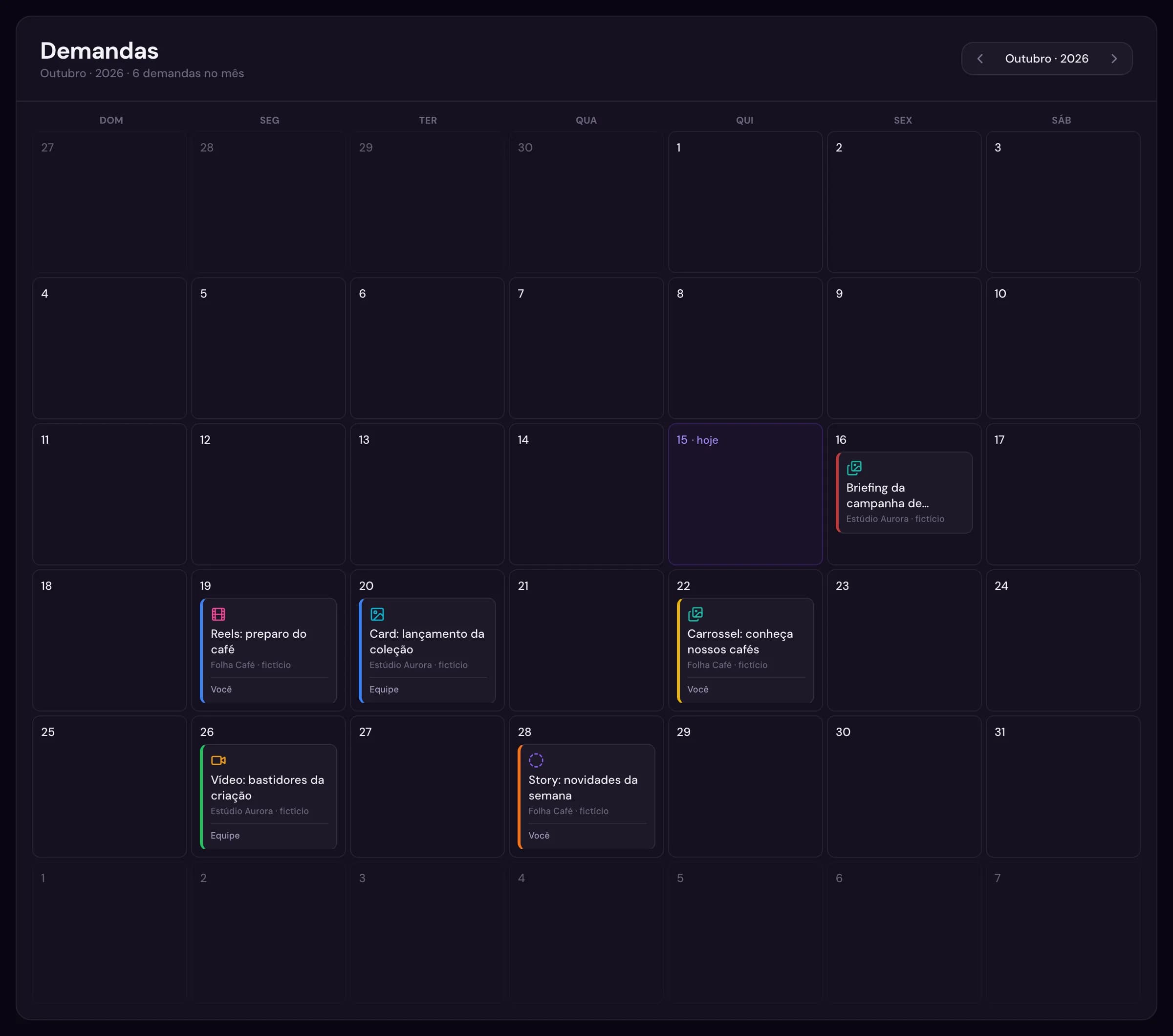 Calendário mensal do Meu Cronos com entregas fictícias organizadas por data.